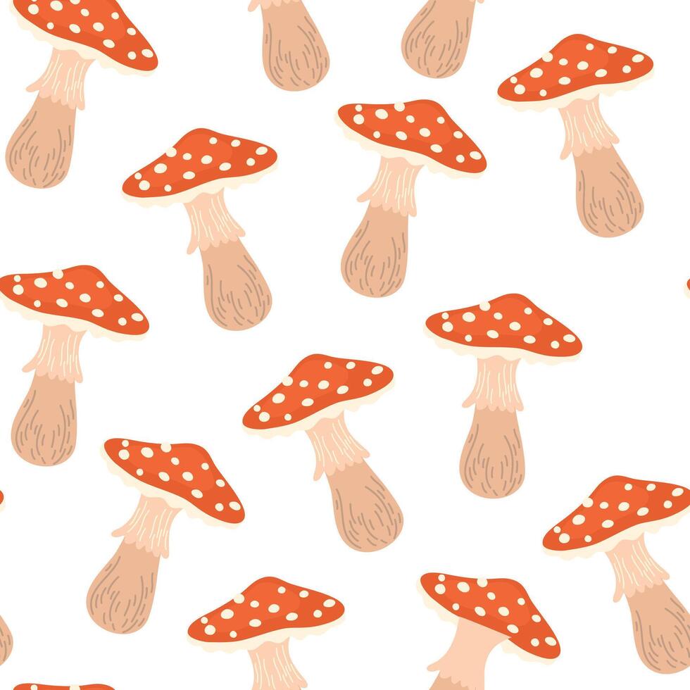 Fly agaric, seamless pattern. Amanita, endless background, repeating print. Autumn mushrooms, forest fungi texture design for textile, fabric, wrapping, wallpaper. Natural flat vector illustration
