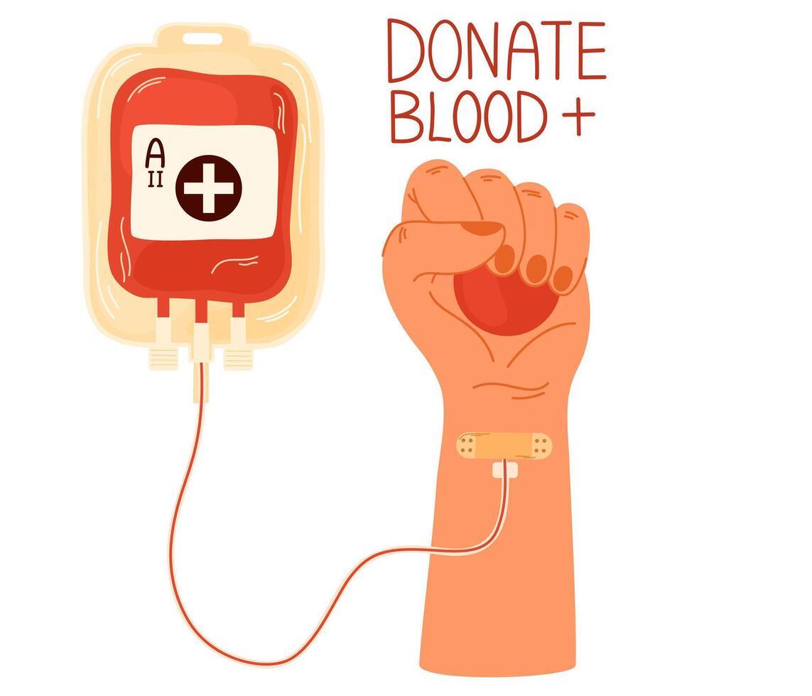 Blood donor, blood bag and hand. Donate Blood, Health Care Concept. Hand drawn Vector illustrations.