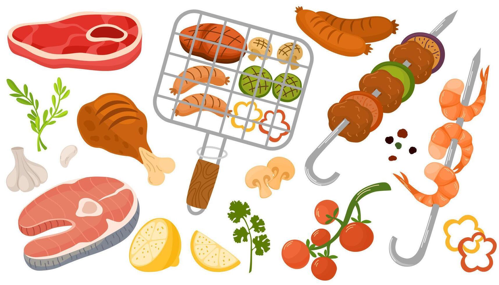 Grilled food for BBQ party or summer picnic. Collection of barbecue meat, chicken, sausages, vegetables, roasted steak, fish and kebab on skewer. Flat vector illustration isolated on white