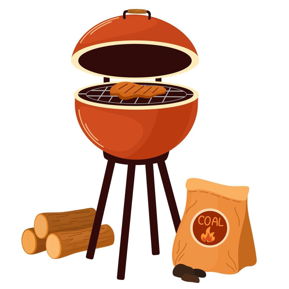 BBQ grill cooking meat steak. Picnic device for barbecue party. Barbeque equipment, brazier with food, summer meal. Flat vector illustration isolated on white background