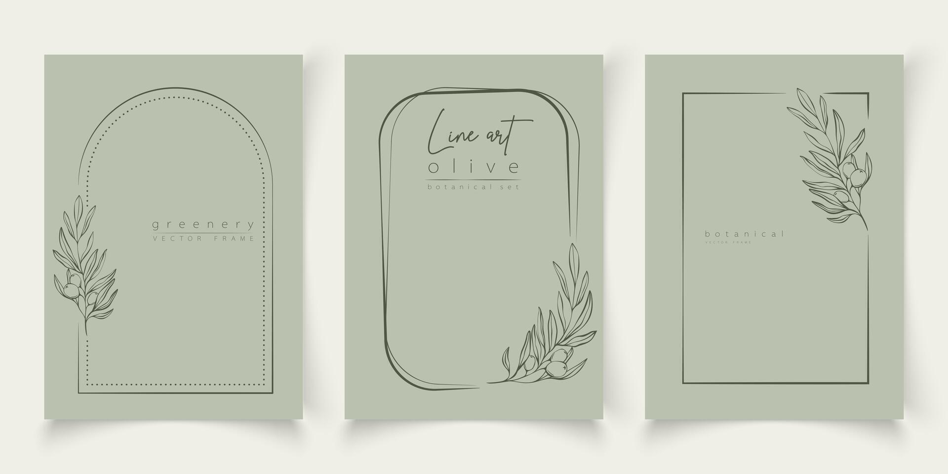 Botanical line art illustration set of olive leaves, branch frames for wedding invitation and cards, logo design, web, social media and posters template. Elegant minimal style floral vector isolated