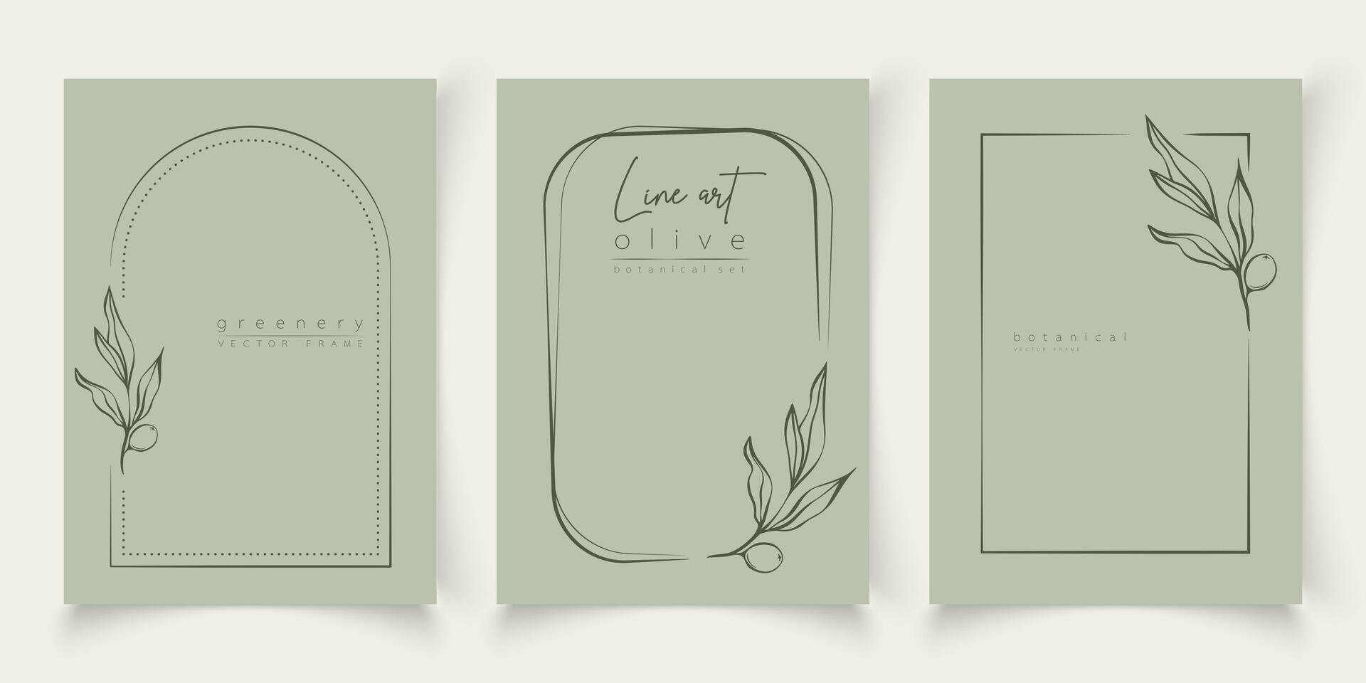 Botanical line art illustration set of olive leaves, branch frames for wedding invitation and cards, logo design, web, social media and posters template. Elegant minimal style floral vector isolated