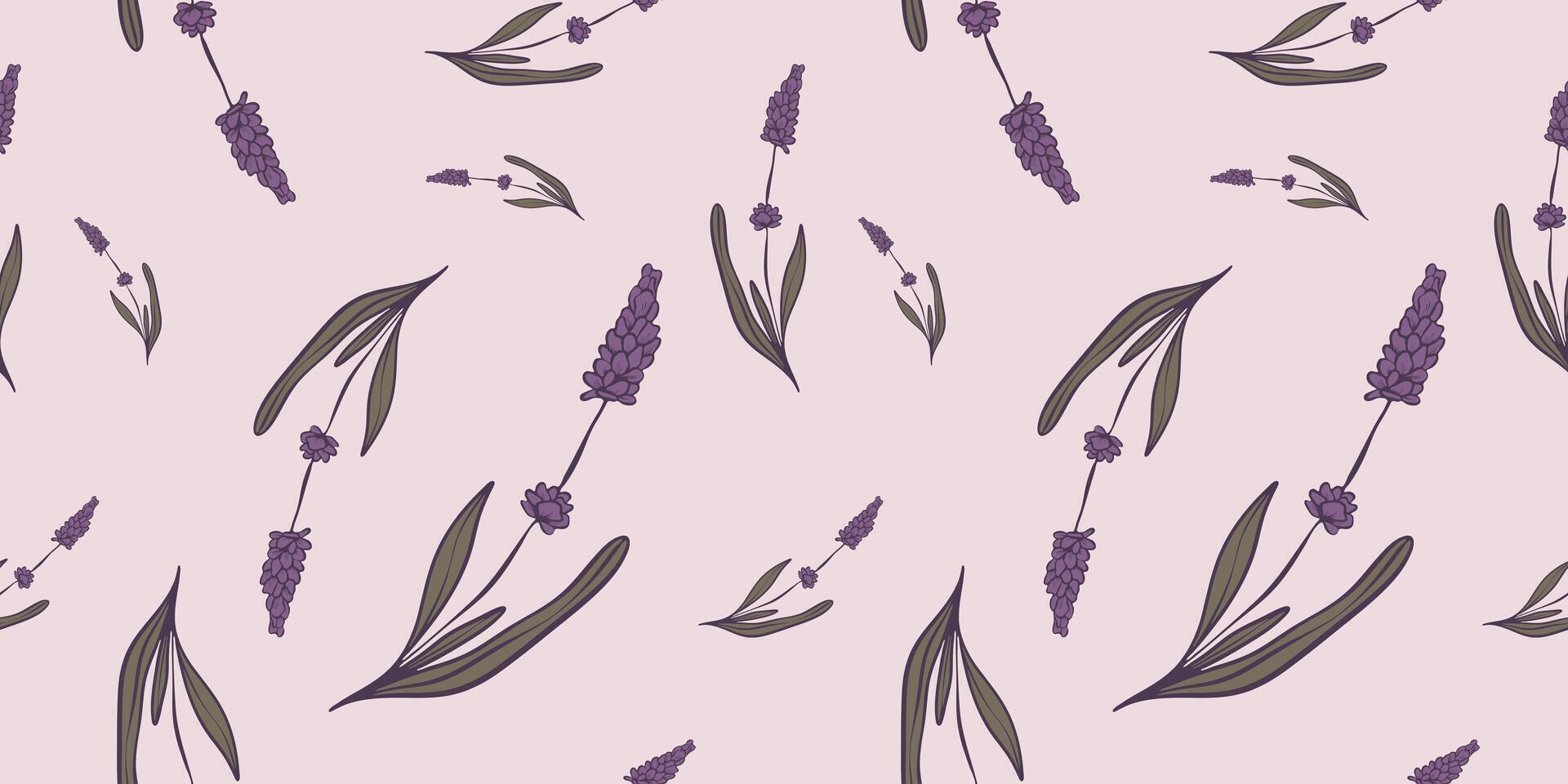 Seamless pattern with hand drawn flowers of lavender. Perfect for wallpaper, wrapping paper, textile products, print, web sites, background, social media, blog, presentation and greeting cards. vector