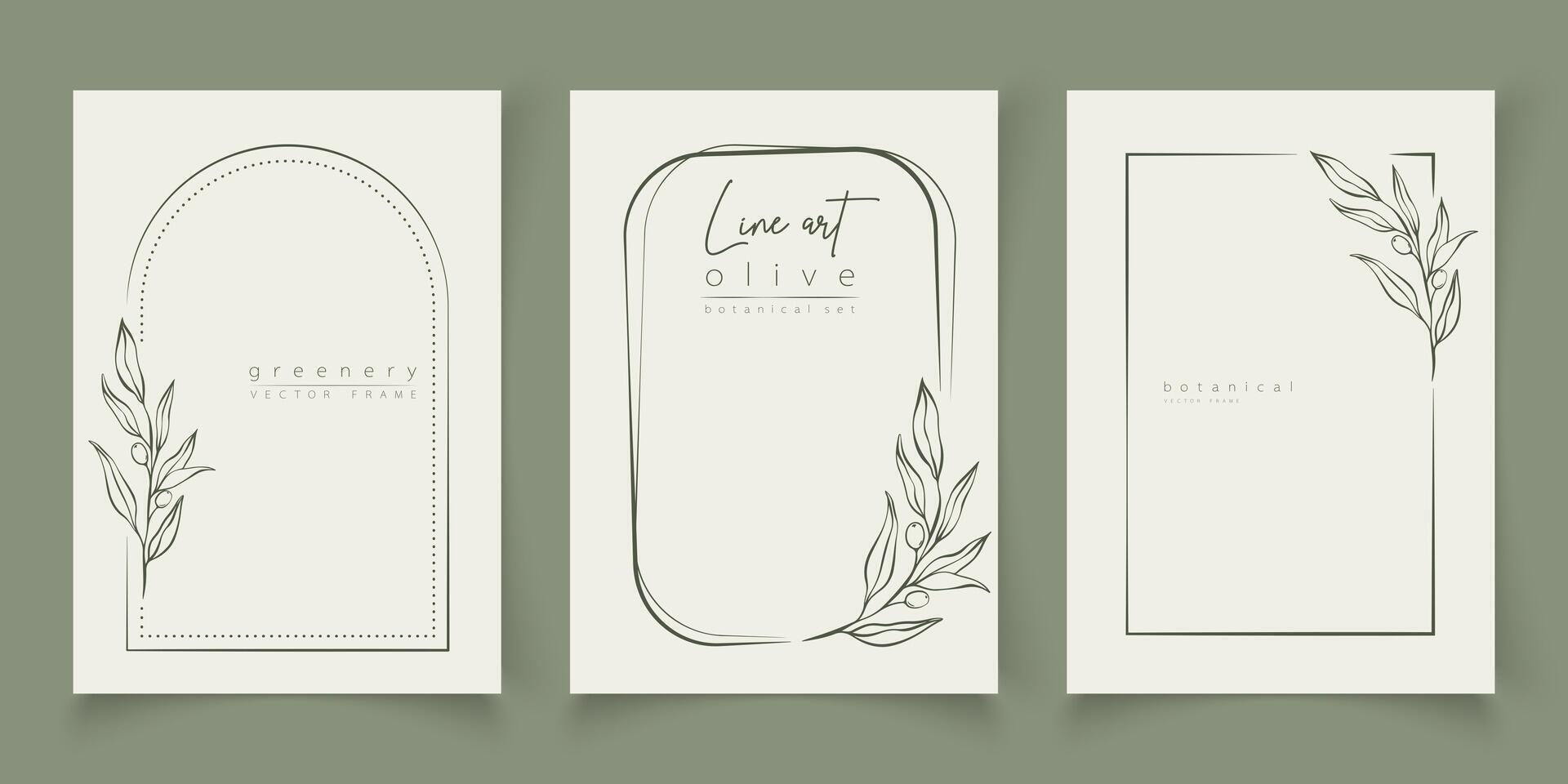 Botanical line art illustration set of olive leaves, branch frames for wedding invitation and cards, logo design, web, social media and posters template. Elegant minimal style floral vector isolated