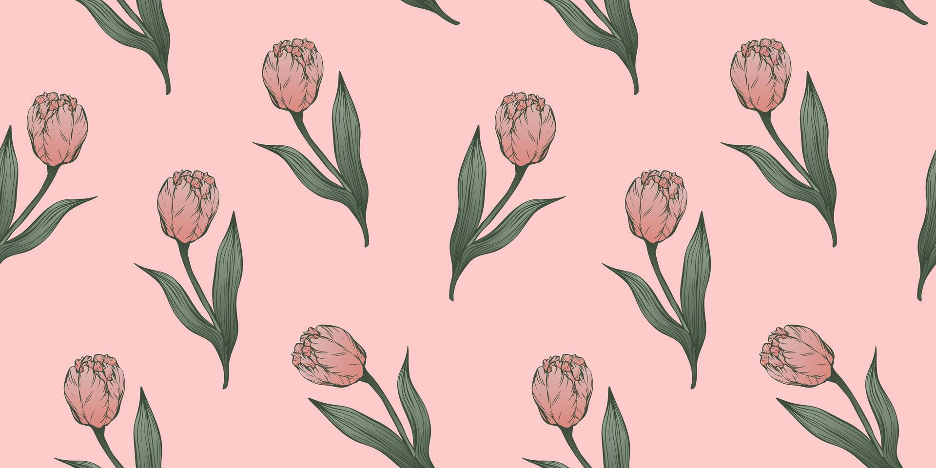 sin costura modelo con mano dibujado flor de tulipanes Perfecto para fondo de pantalla, envase papel, textil productos, imprimir, web sitios, fondo, social medios de comunicación, Blog, presentación y saludo tarjetas vector