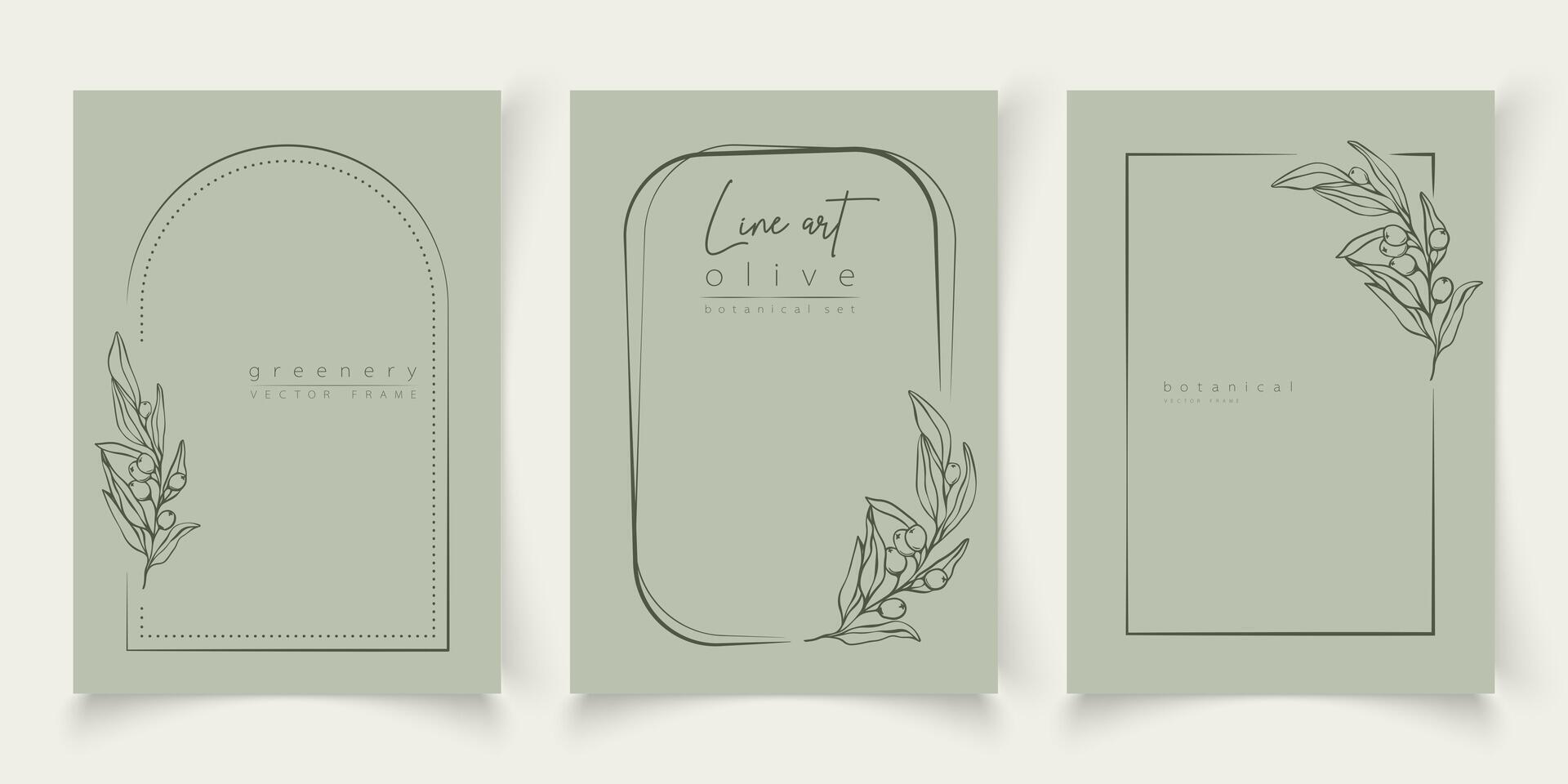 Botanical line art illustration set of olive leaves, branch frames for wedding invitation and cards, logo design, web, social media and posters template. Elegant minimal style floral vector isolated