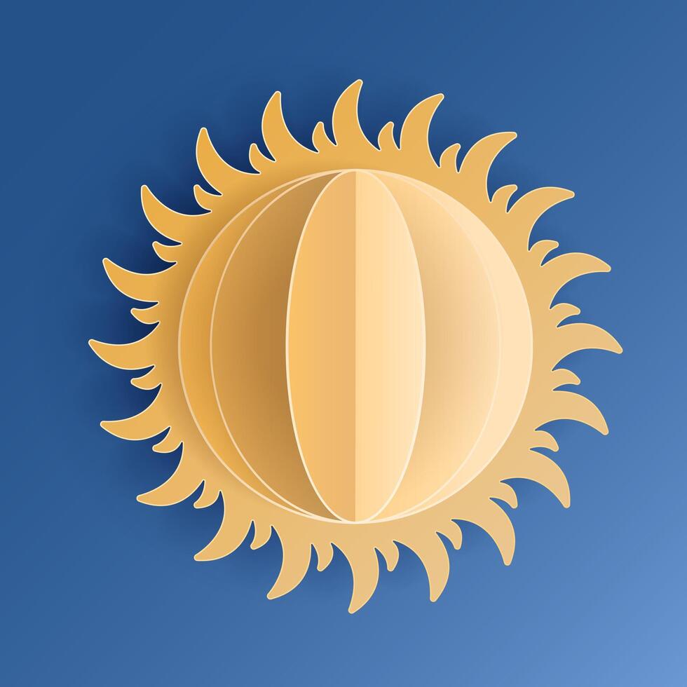 Paper cut sun on blue sky background. Forecast yellow sunshine icon symbol. 3D Papercraft frame icon for posters and flyers, presentation, web, social media, design, banner, forecast and sticker. vector
