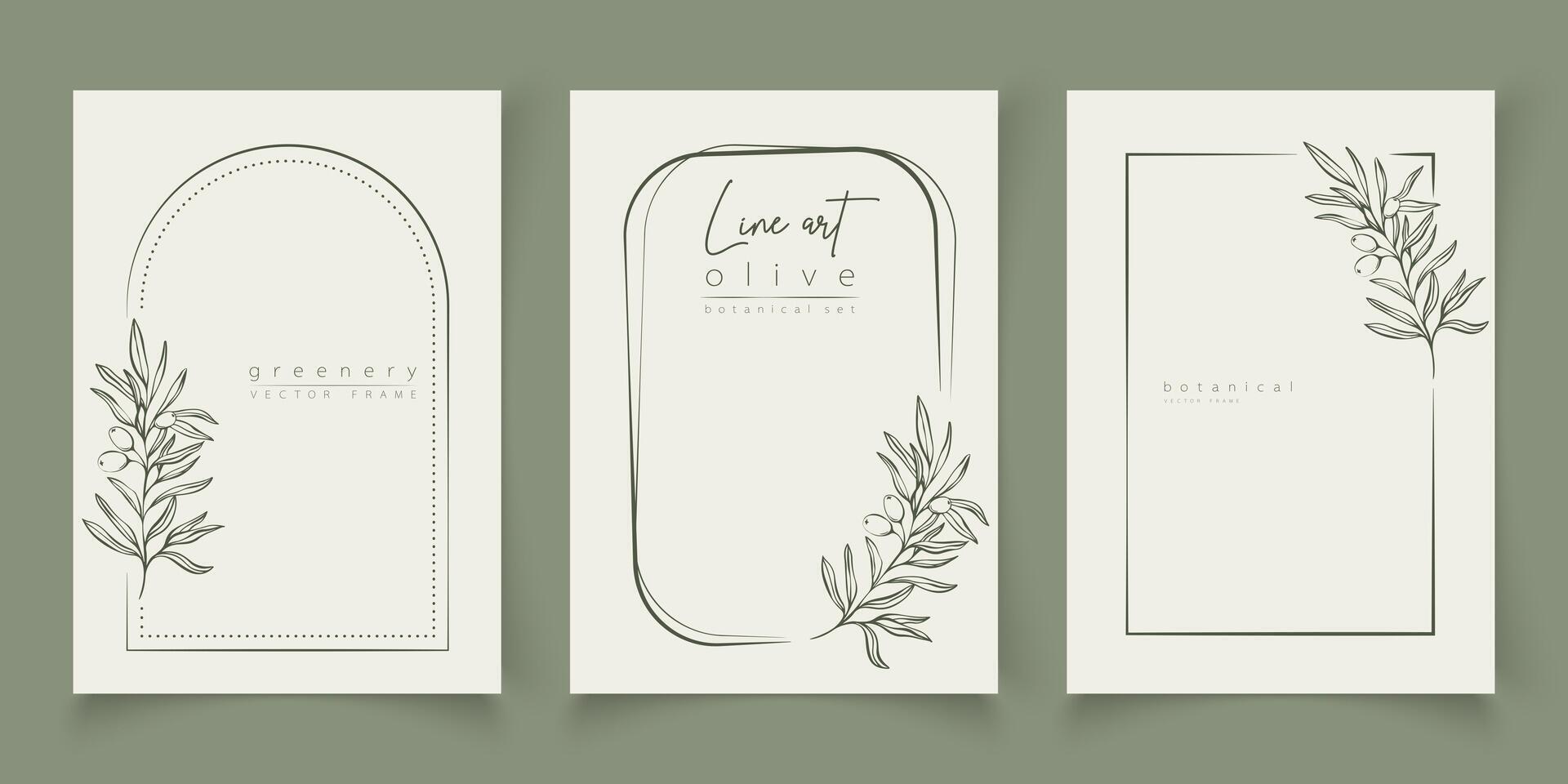 Botanical line art illustration set of olive leaves, branch frames for wedding invitation and cards, logo design, web, social media and posters template. Elegant minimal style floral vector isolated