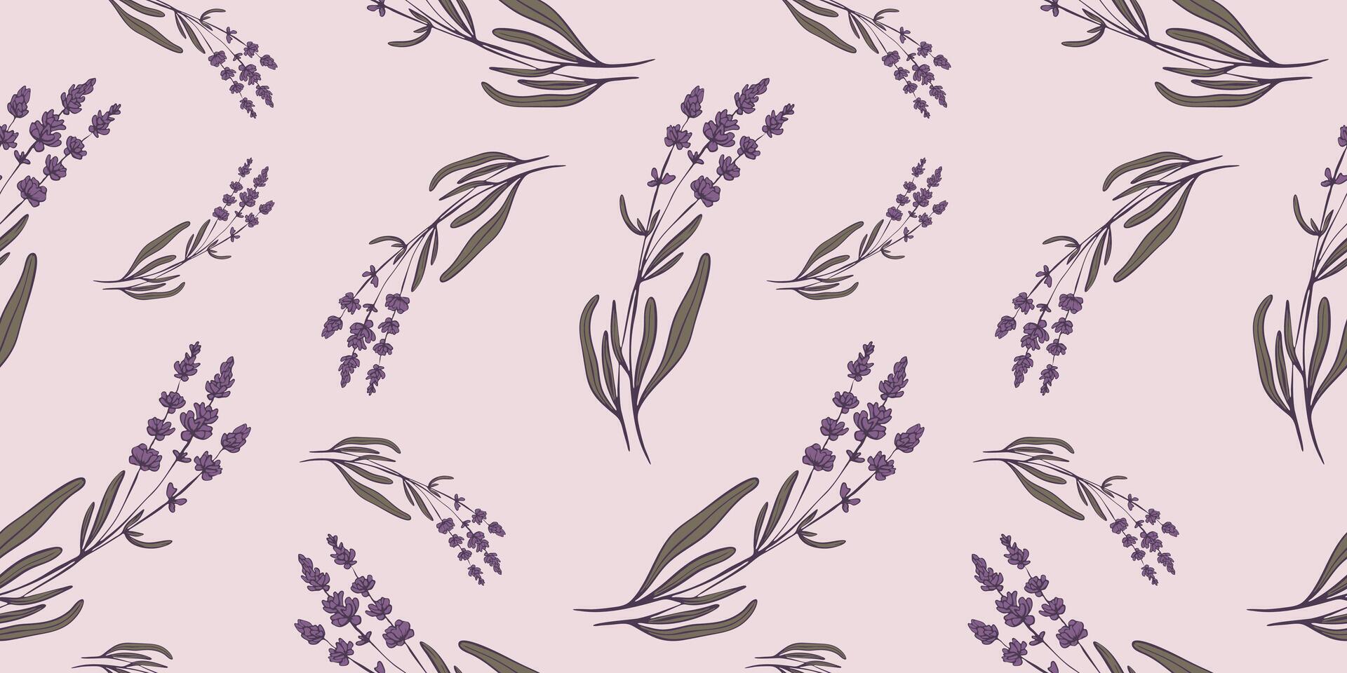 Seamless pattern with hand drawn flowers of lavender. Perfect for wallpaper, wrapping paper, textile products, print, web sites, background, social media, blog, presentation and greeting cards. vector