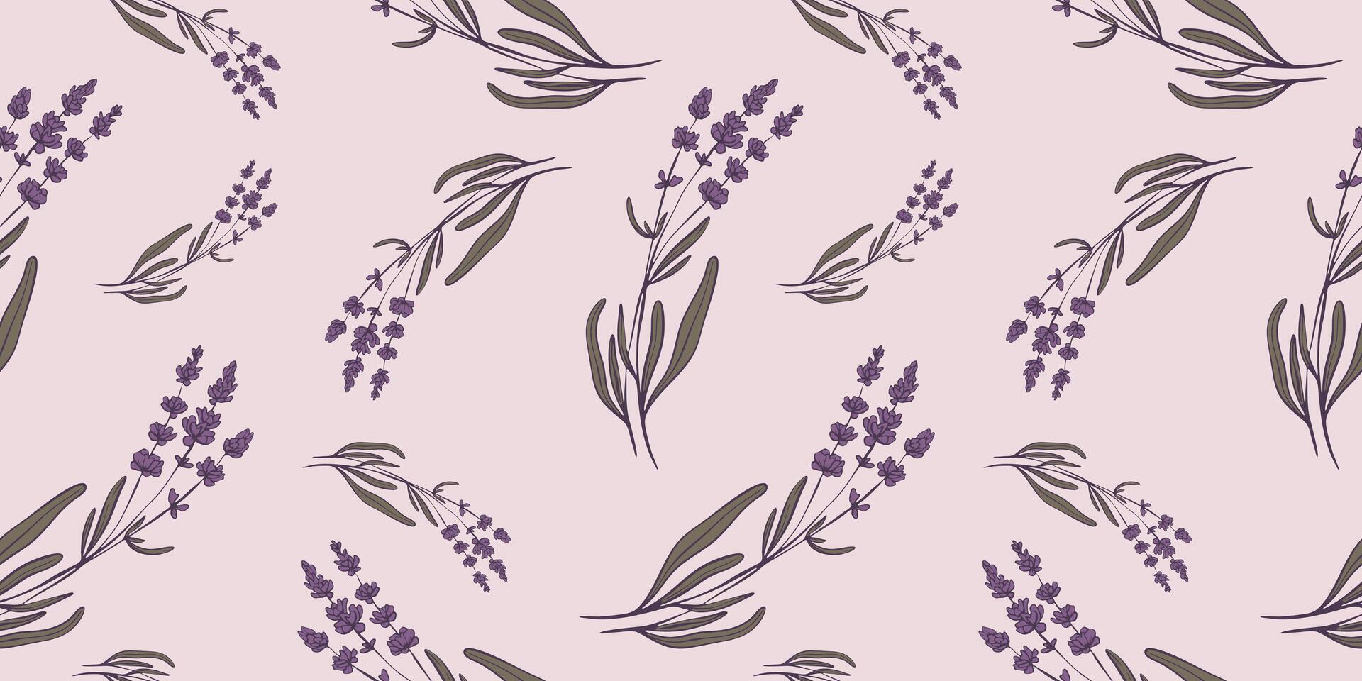 Seamless pattern with hand drawn flowers of lavender. Perfect for wallpaper, wrapping paper, textile products, print, web sites, background, social media, blog, presentation and greeting cards. vector