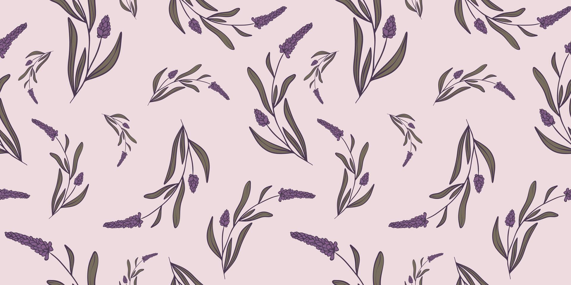 Seamless pattern with hand drawn flowers of lavender. Perfect for wallpaper, wrapping paper, textile products, print, web sites, background, social media, blog, presentation and greeting cards. vector