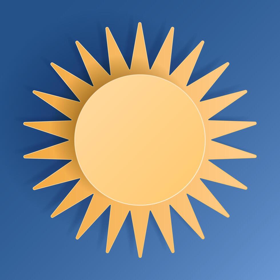 Paper cut sun on blue sky background. Forecast yellow sunshine icon symbol. 3D Papercraft frame icon for posters and flyers, presentation, web, social media, design, banner, forecast and sticker. vector