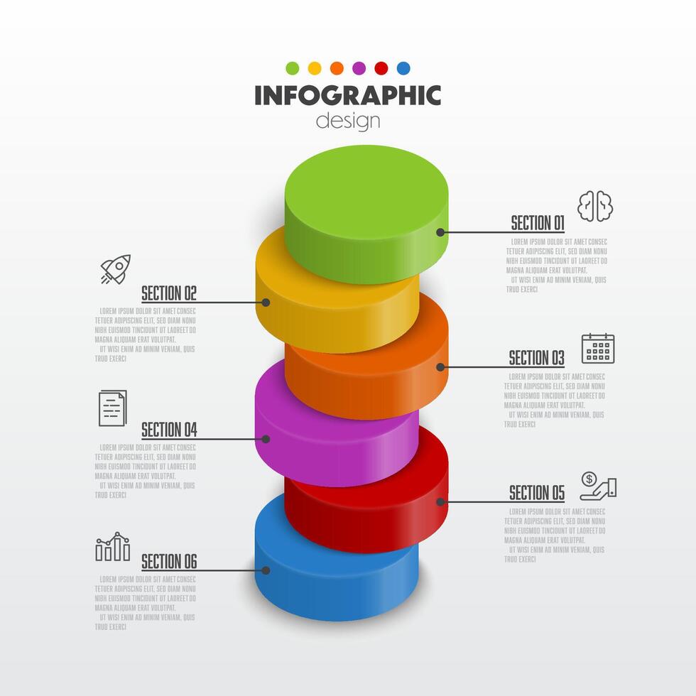 Vector stack of colorful cylender chart infographic template with 3D for diagrams, graphs, presentations and business concept charts with 6 options.