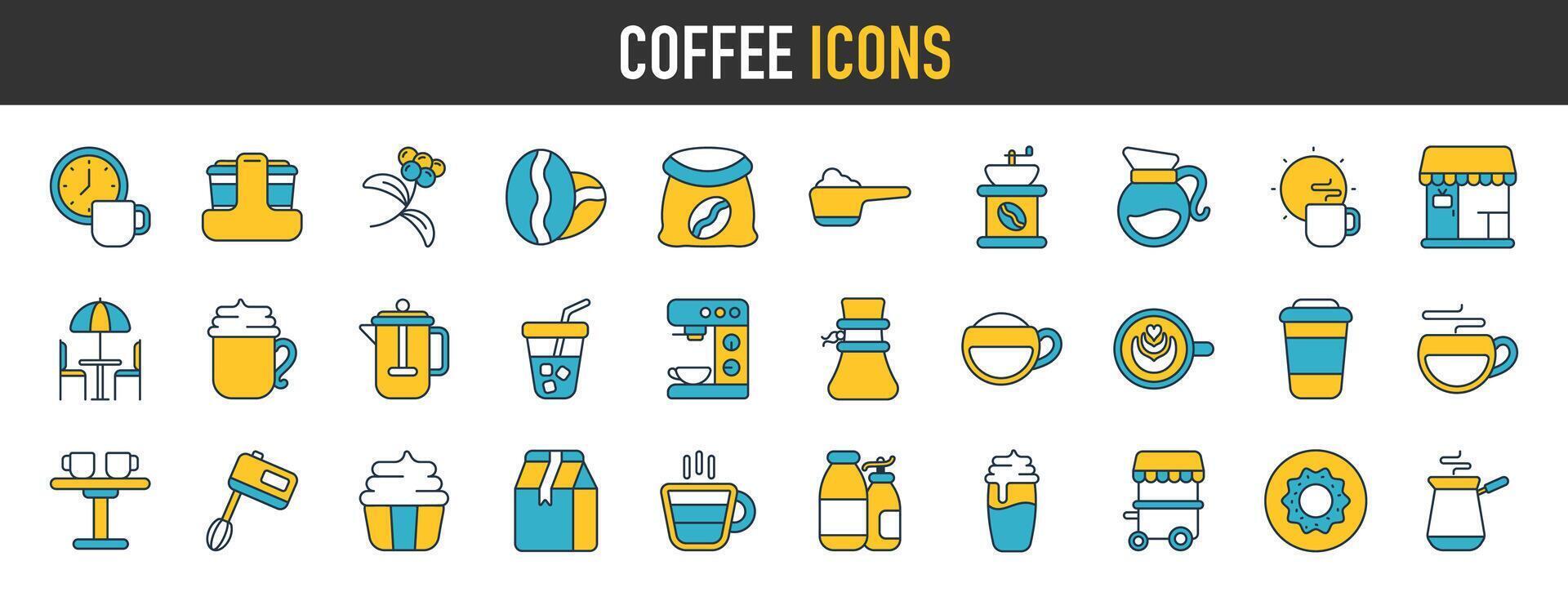 Coffee icons. Beans, hot cocktail and coffee maker machine. Espresso cup, cappuccino with whipped cream icon. Latte vending machine, breakfast drink and roasted beans. Vector icons collection.