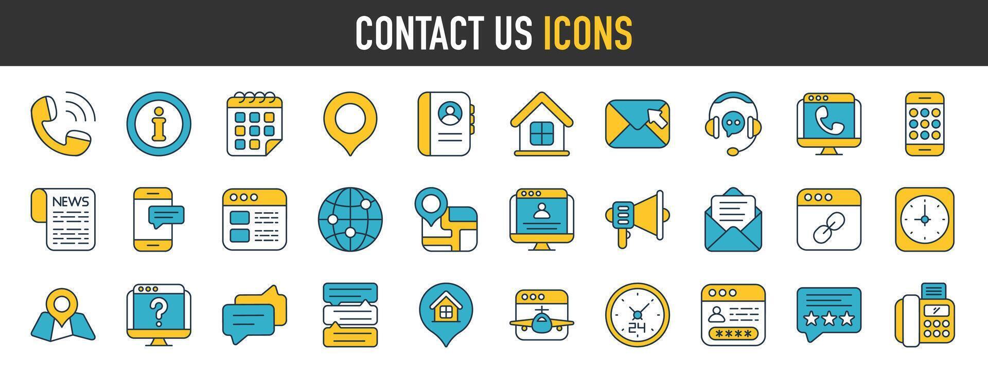 Contact us icons collection. Such as phone, email, address, website, home, location, email, review, call center service, customer support and chat icons. Solid icon set. Vector illustration