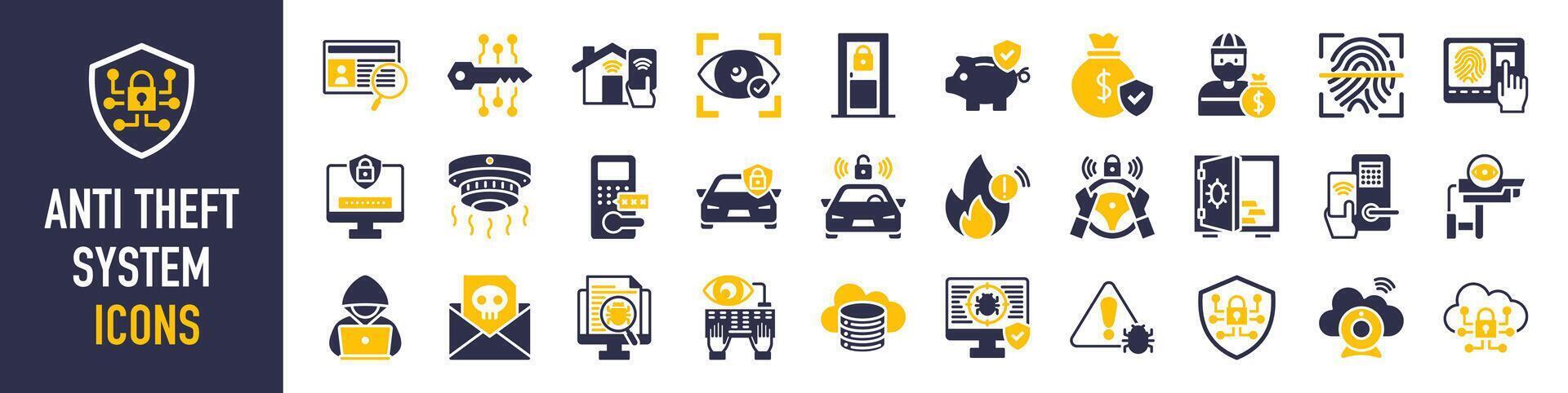 Anti theft system icons set. Such as hack, terrorist, password, detective, security room, malware, intercom, identity protection, alarm, lock, emergence, footsteps, cloud, cyber and more vector icon