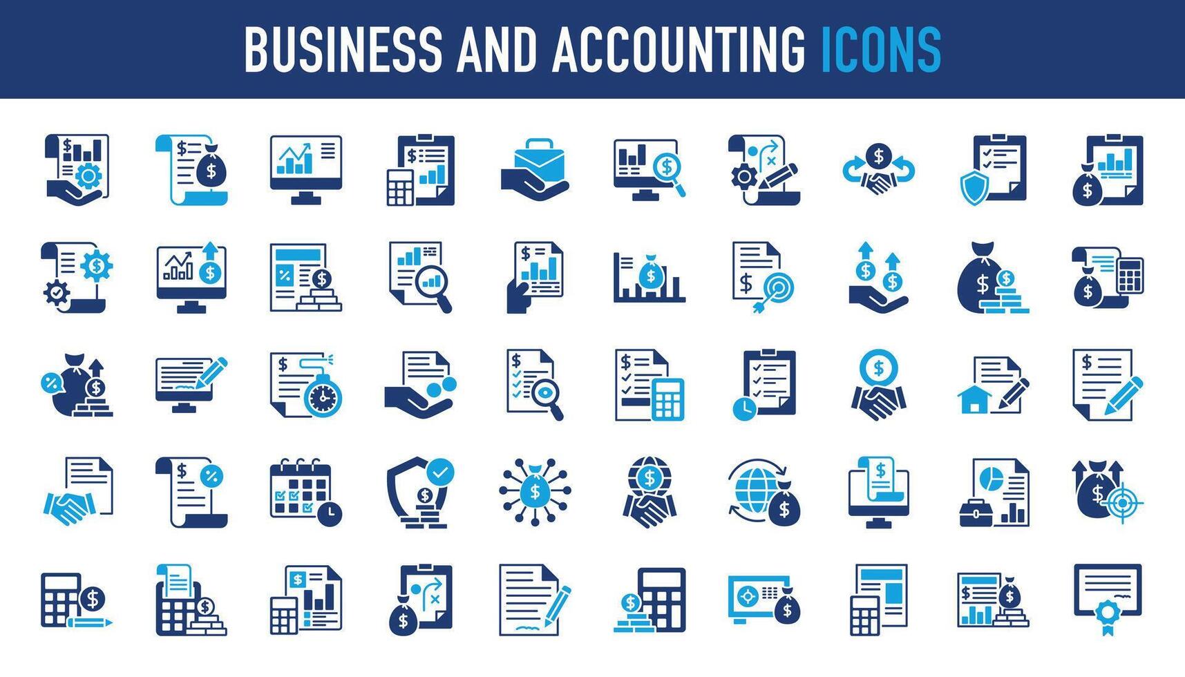 Business and accounting icon set. Containing financial statement, accountant, financial audit, invoice, tax calculator, business firm, tax return, income and balance sheet icons. Vector illustration.