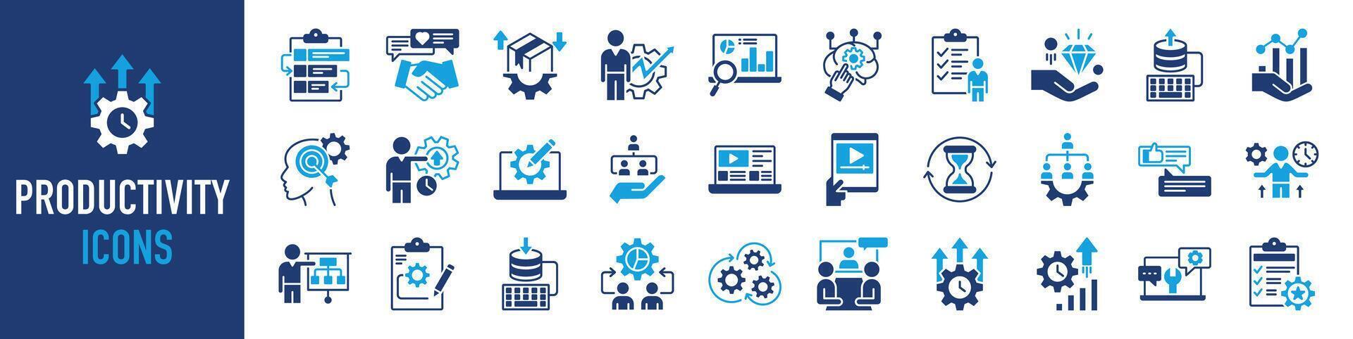 Productivity icon set. Such as efficiency, task, focus, multitasking, performance, process, workflow, growth, deal, routine, project management, data analysis, and productive. Vector icons collection.