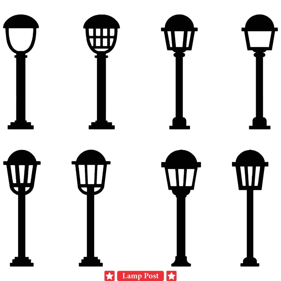 Victorian Style Lamp Post Set  Antique Urban Lighting Silhouettes vector