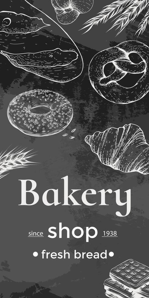 Vector card design with ink hand drawn baking illustration. Vintage template with bread and pastries sketch. Bakery or bakehouse menu on chalkboard.