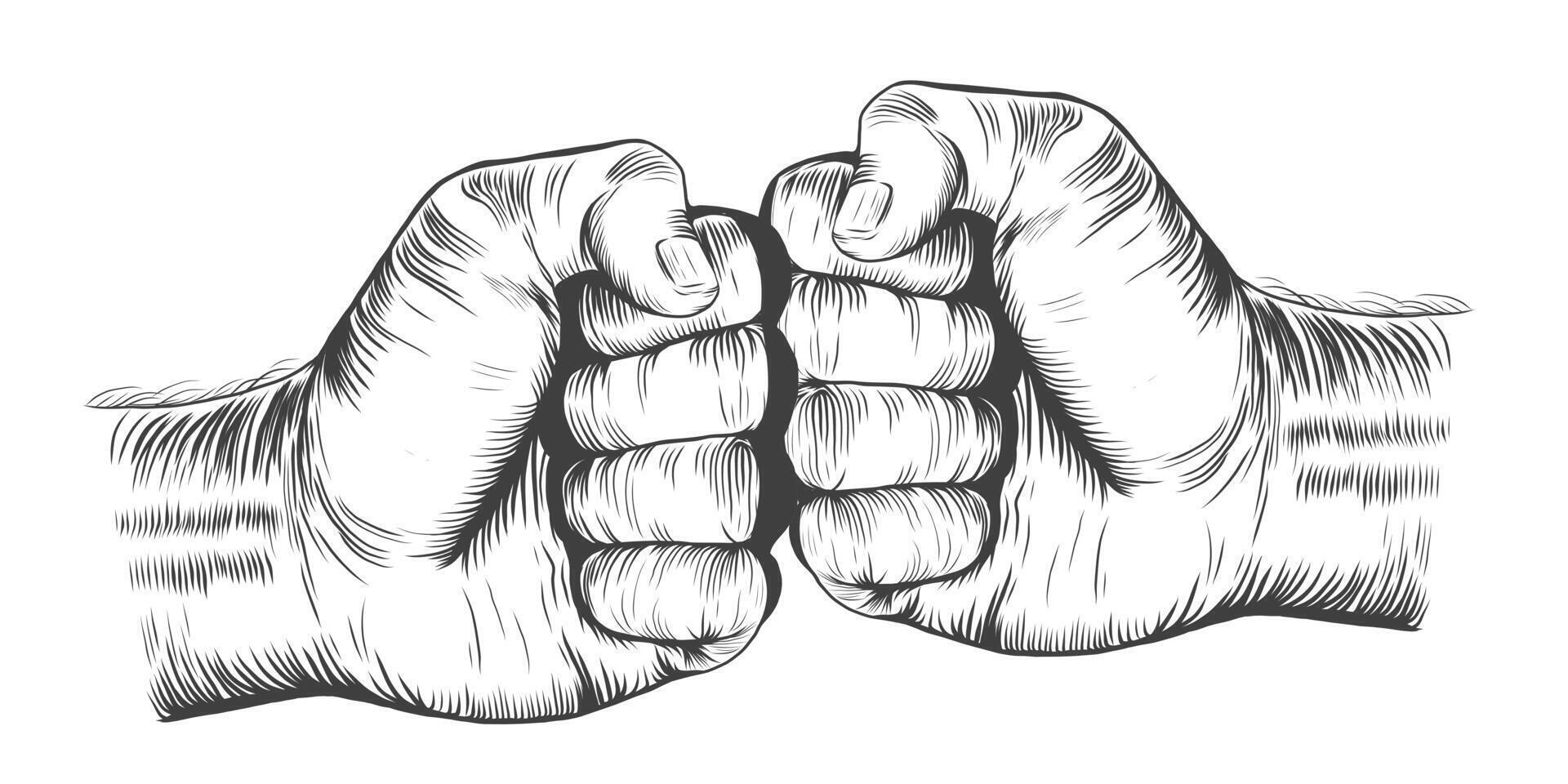Hand drawn fist to fist symbol. Two hands fist bump punch fists in a vintage woodcut style. isolated on white background. Engraving style vector