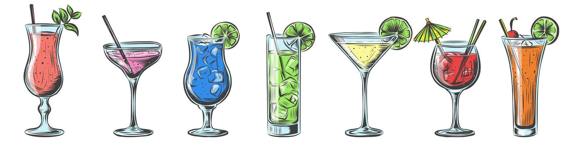 Alcoholic cocktails hand drawn collection. Vintage Cocktails set Vector illustration isolated on white background. Menu design elements. Alcoholic drinks set.