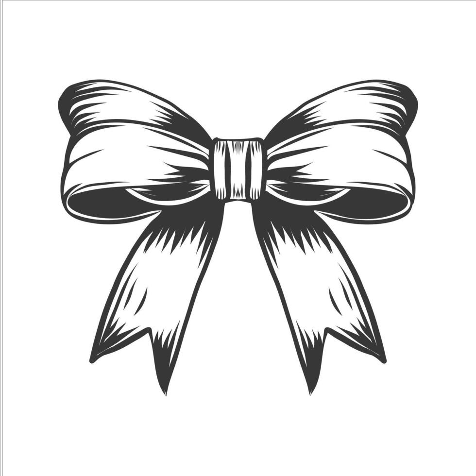 Hand drawn vector illustration of Satin bowknot in black ink, line graphic. Engraving of ribbon bow Isolated object on a white background.