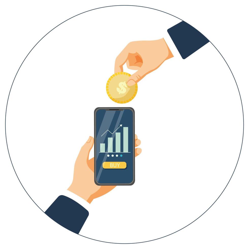 hand holding mobile phone and money. Cryptocurrency trend trading. Online mobile investment. Financial investment trade. concept of market movement, Saving money. Flat vector illustration.