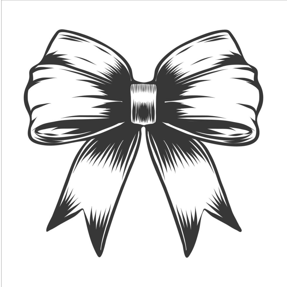 hand drawn ribbon bow. Monochrome black and white bow. Bowknot for gift decoration, headband, hair accessory. Engraving of Bow knot isolated on white background vector