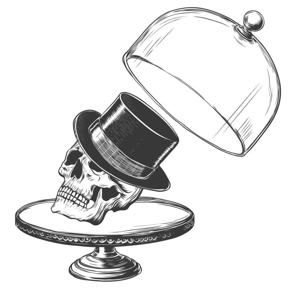 mano dibujado cráneo con sombrero cilindro debajo vaso tapa o campana de cristal. grabado de servicio plato con cráneo en parte superior sombrero. vector ilustración aislado en blanco antecedentes. Clásico línea gráfico bosquejo