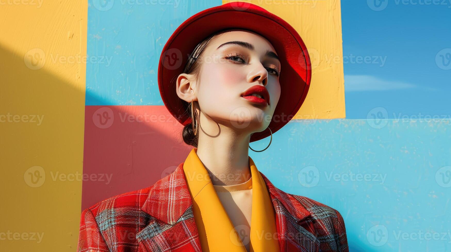 AI generated beautiful fashionable woman in a red hat a red jacket Glamor Model photo