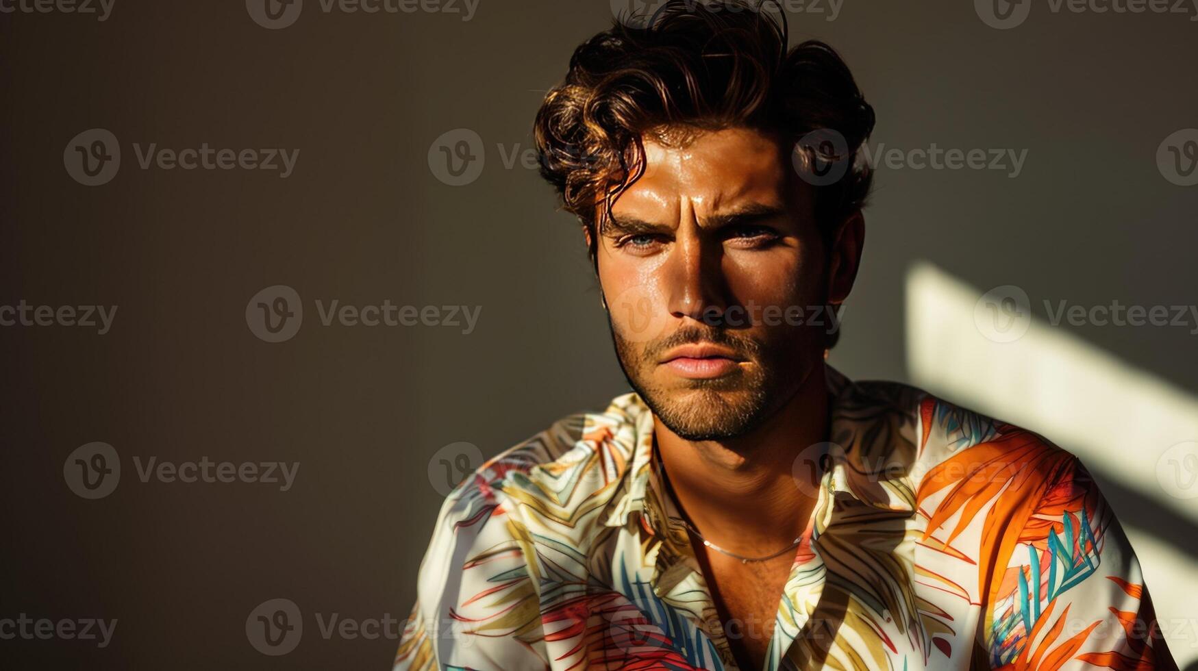 ai generado elegante hombre en impreso camisa posando con dramático oscuridad foto