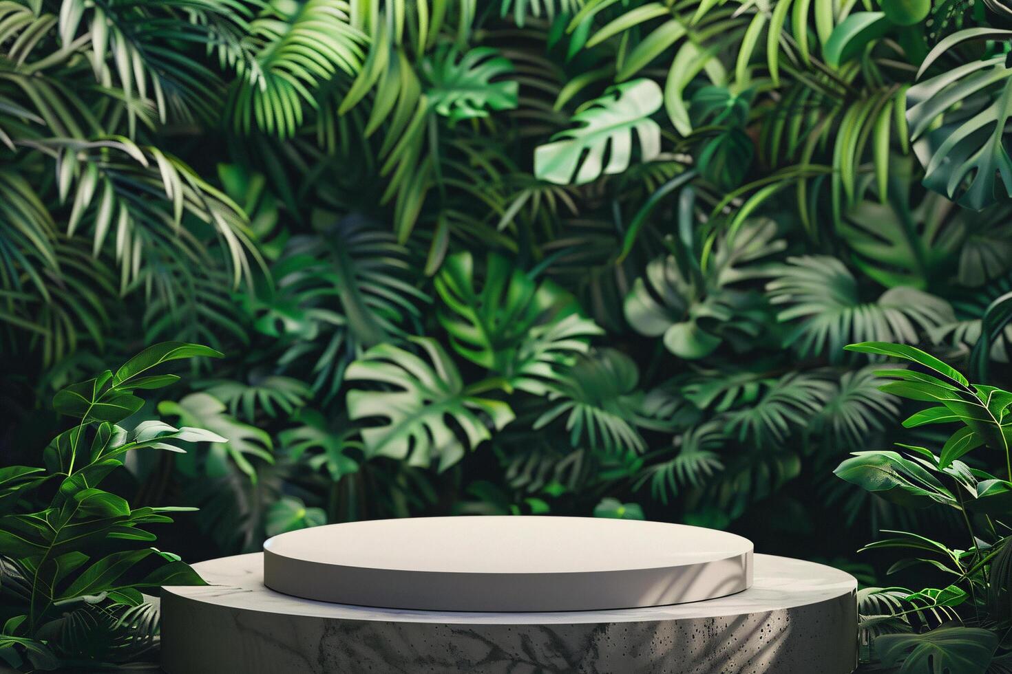 AI generated circular product podium presentation with jungle tropical plants background photo