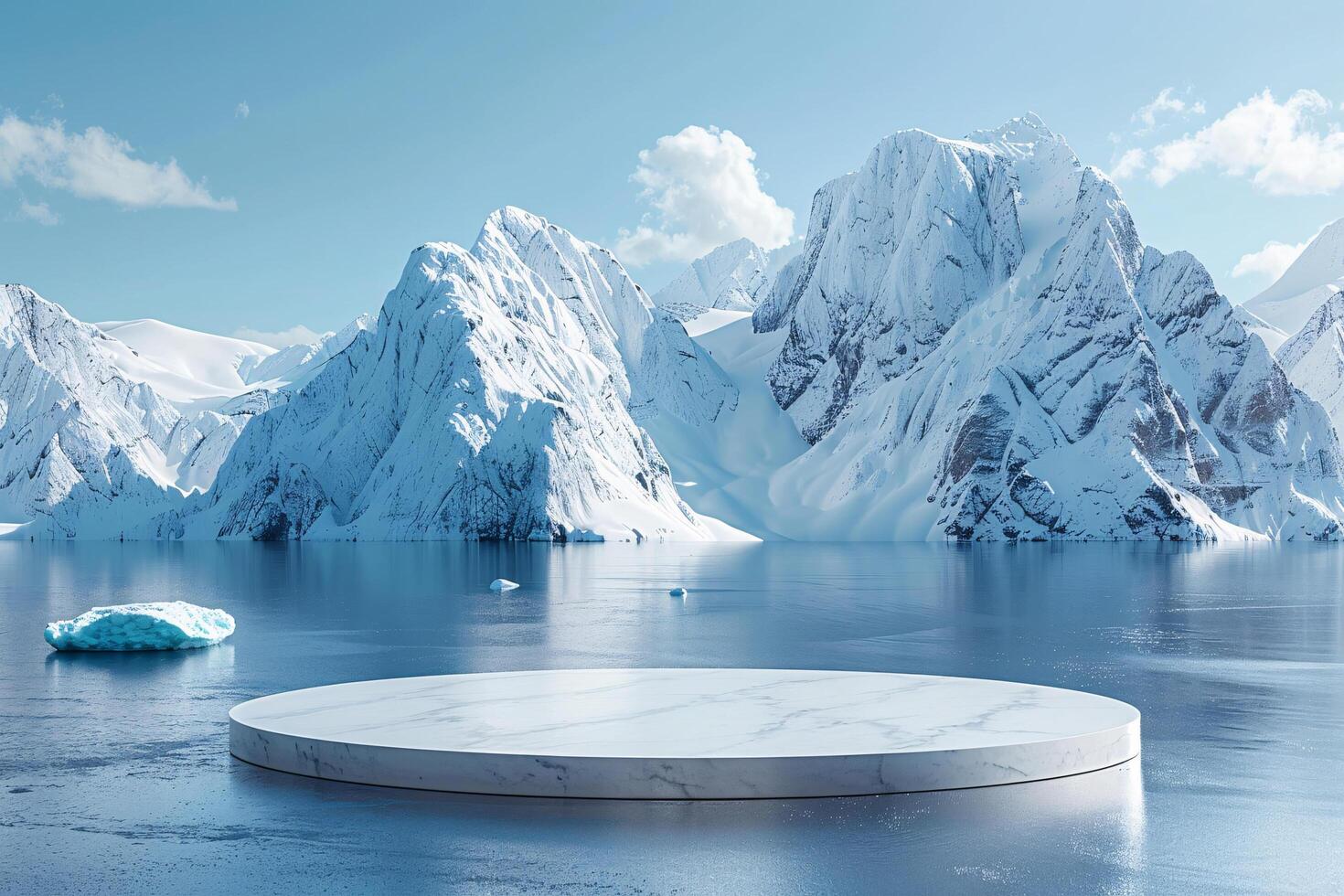 AI generated product podium stage presentaion with glacier background for advertisement photo