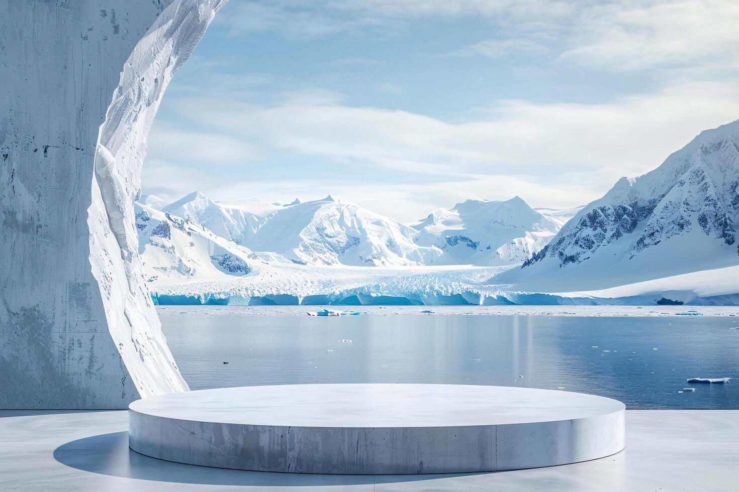 AI generated product podium stage presentaion with glacier background for advertisement photo