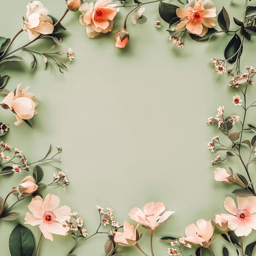 AI generated flowers botanical frame on olive pastel background photo