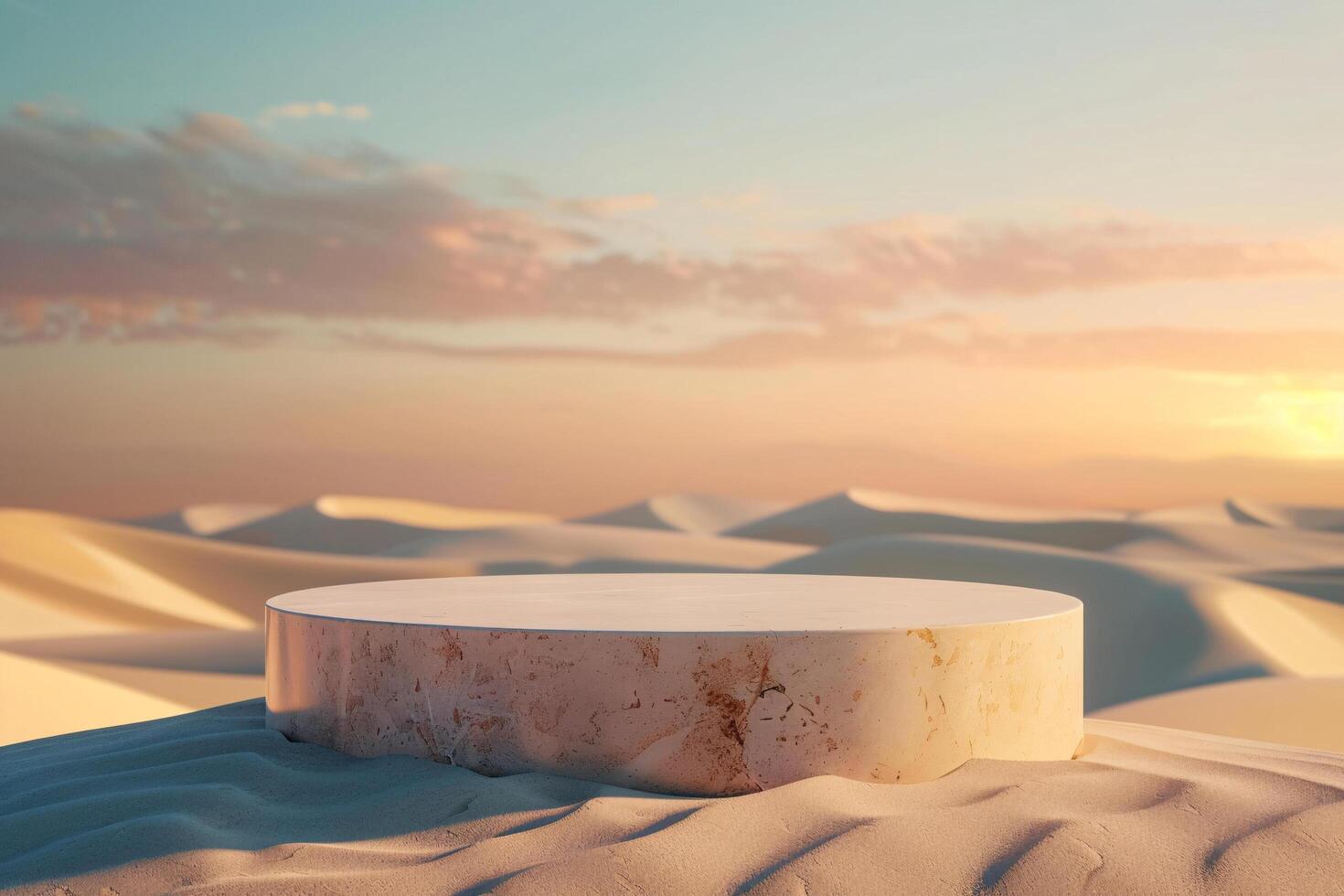 AI generated product podium presentation with desert sand dunes background photo