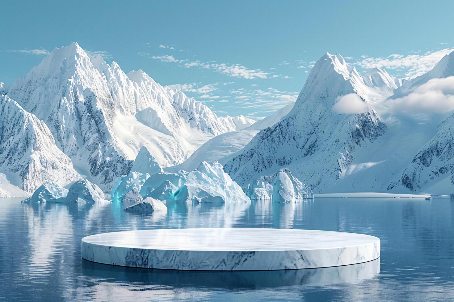 AI generated product podium stage presentaion with glacier background for advertisement photo