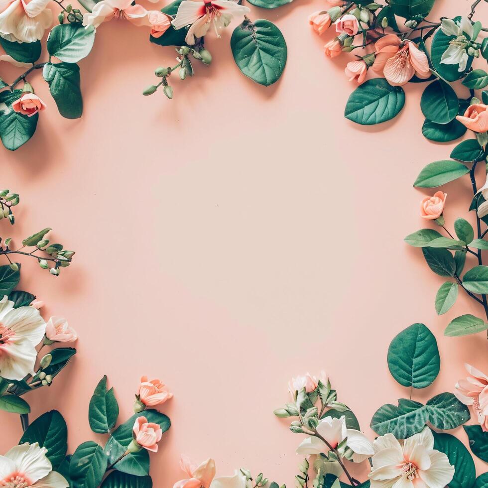 AI generated flowers botanical frame on pink pastel background photo