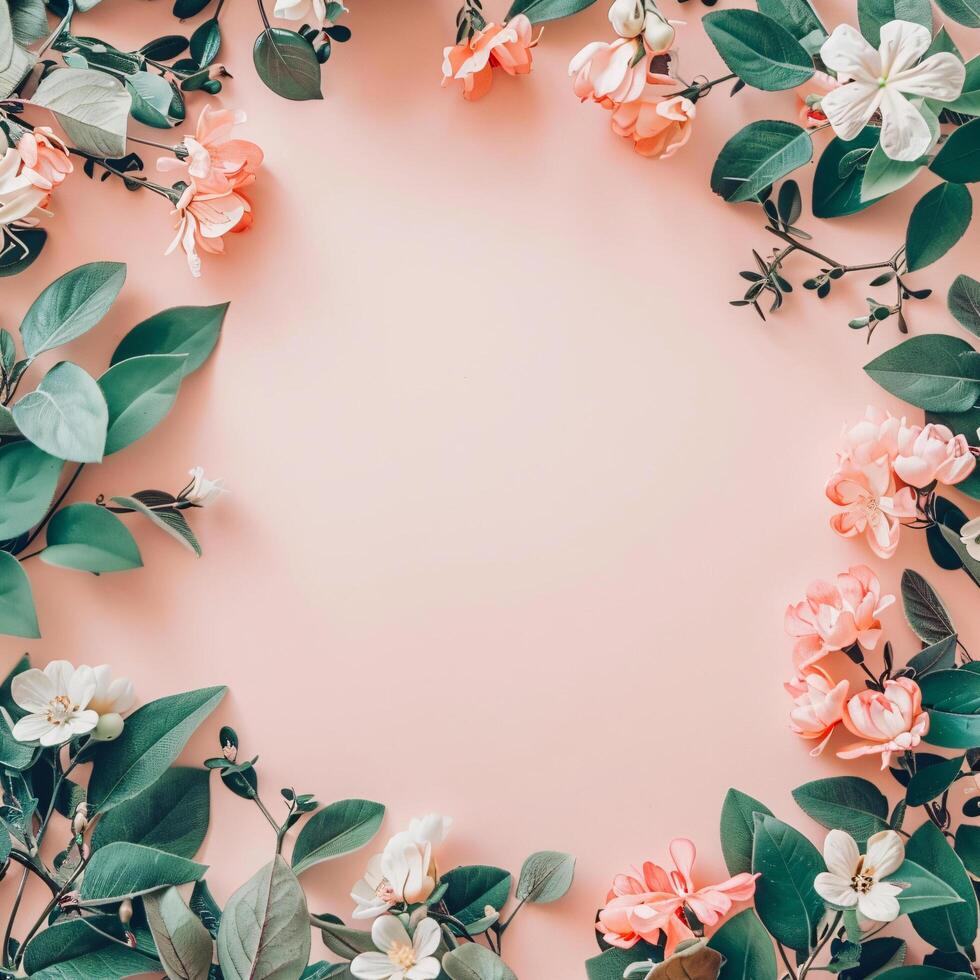 AI generated flowers botanical frame on pink pastel background photo