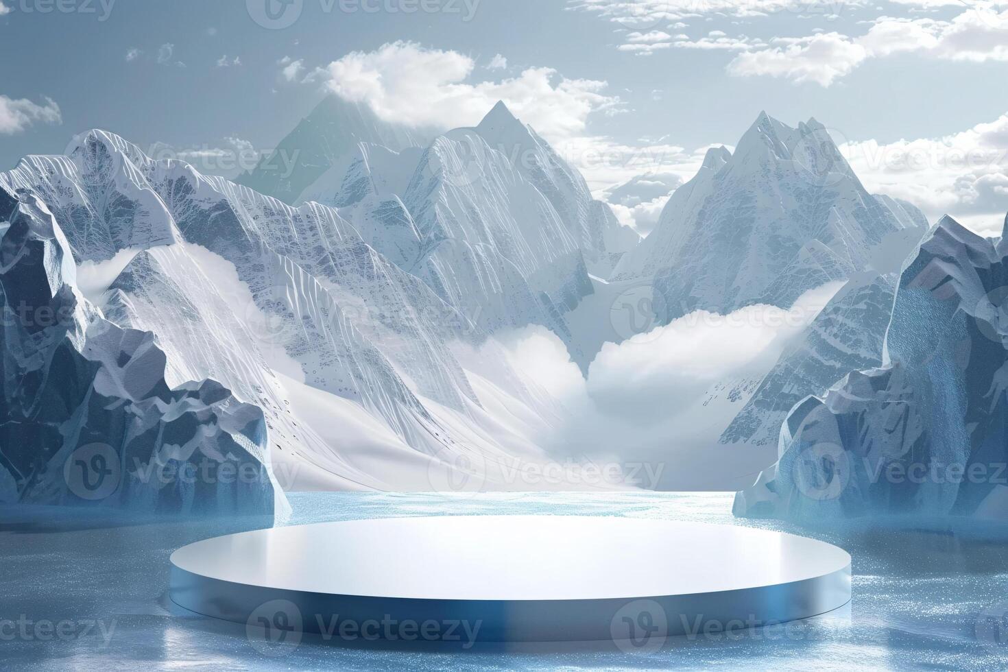 AI generated product podium stage presentaion with glacier background for advertisement photo