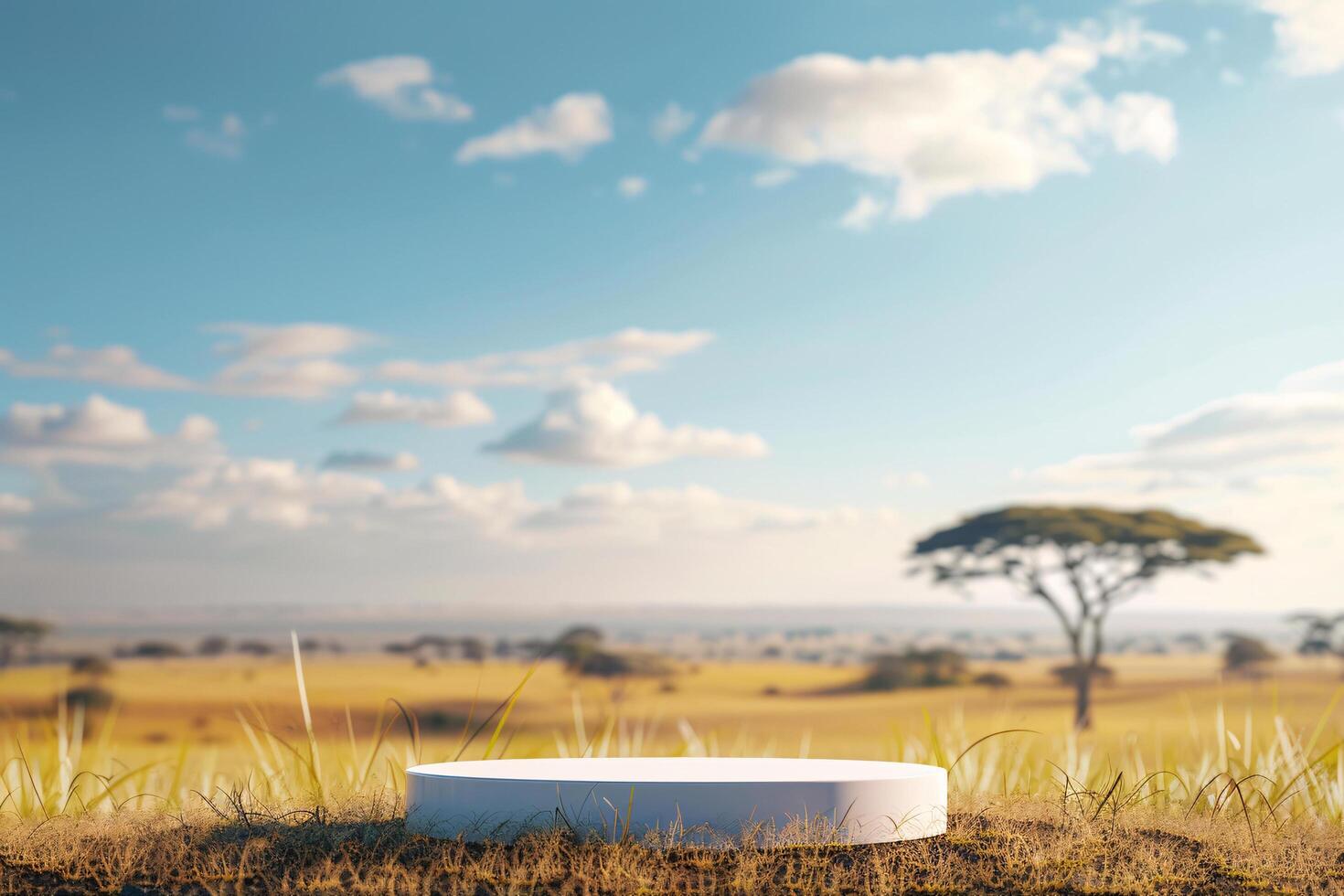 AI generated product podium presentation for advertisement with tree and mountain africa savanna background photo
