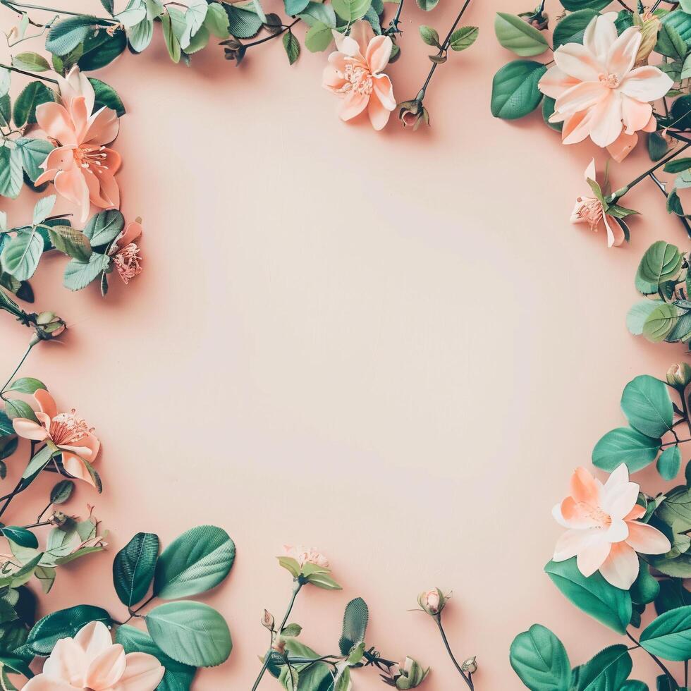 AI generated flowers botanical frame on pink pastel background photo