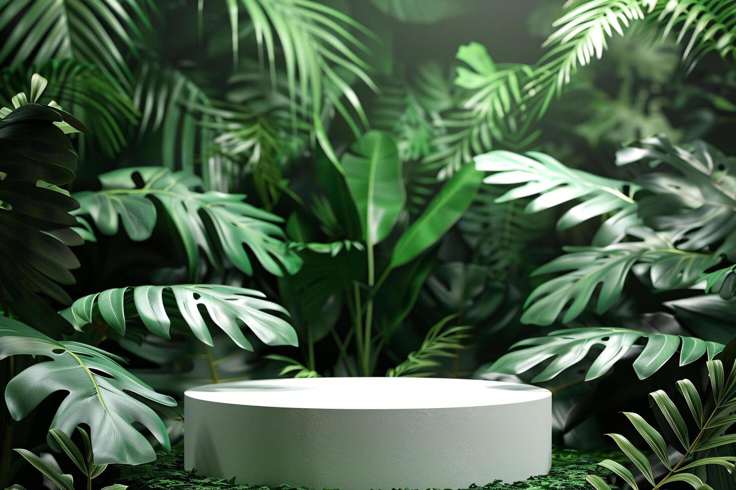 AI generated circular product podium presentation with jungle tropical plants background photo