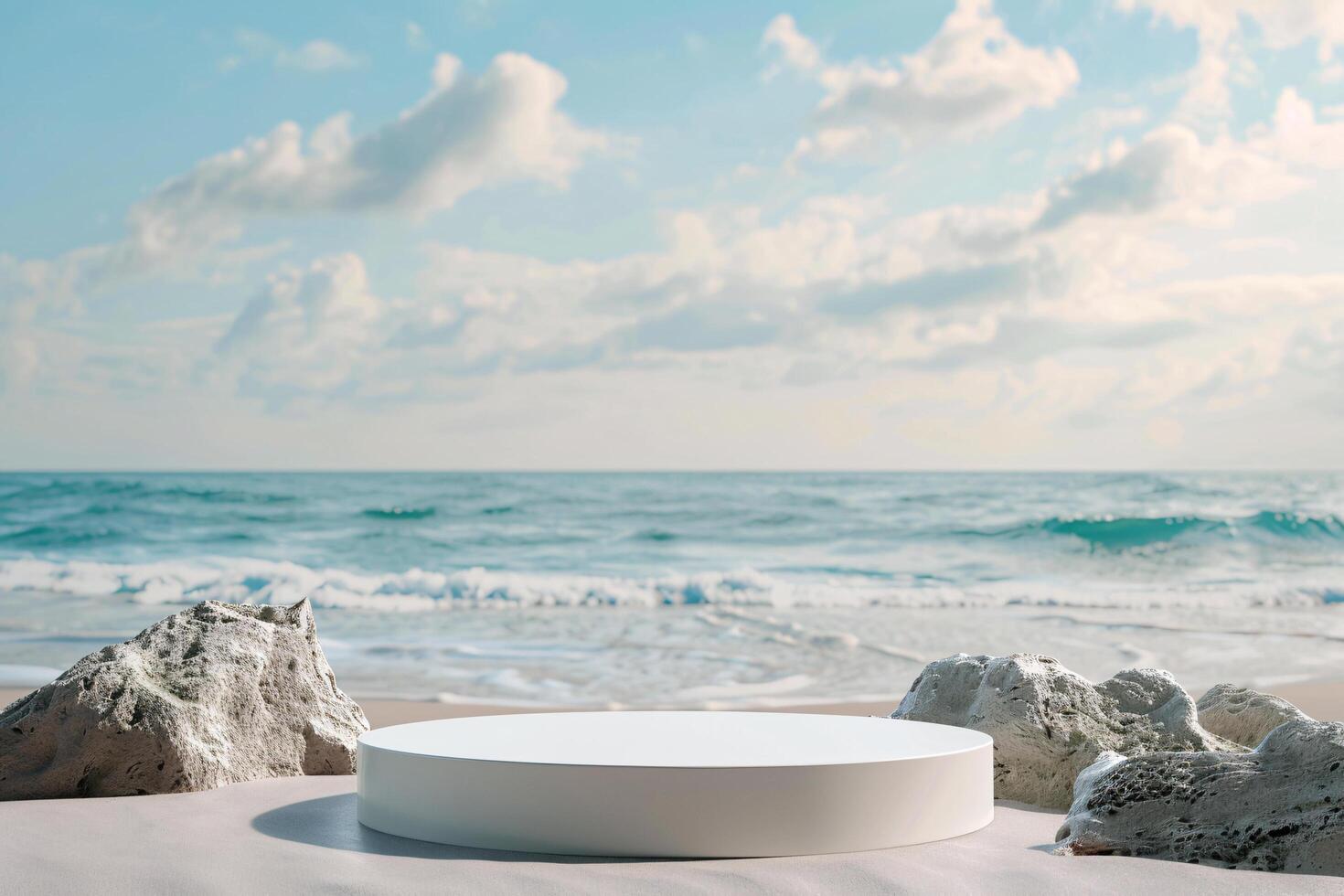 AI generated product podium display with beautiful sand beach daylight time for advertisement ai generated photo