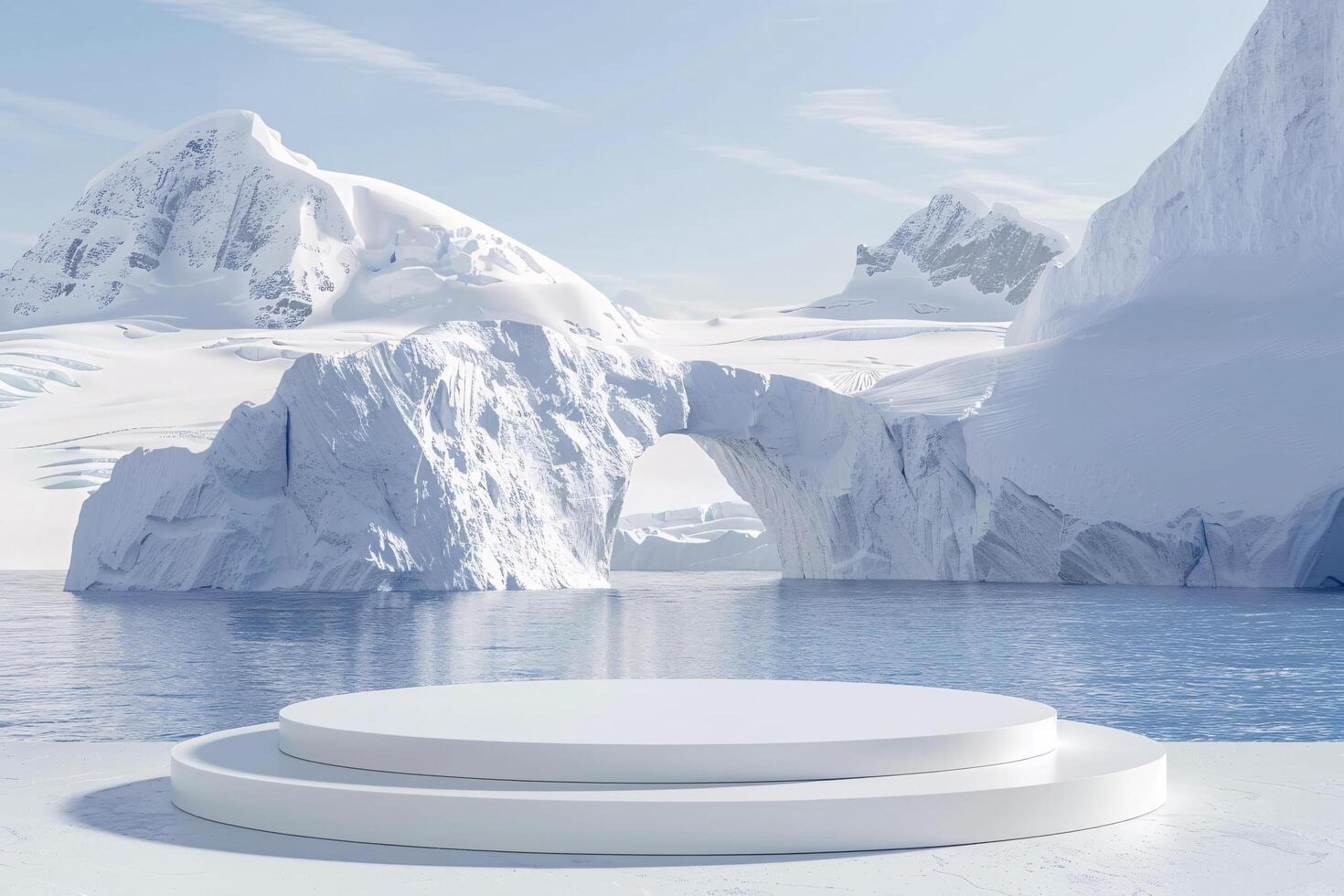 AI generated product podium stage presentaion with glacier background for advertisement photo