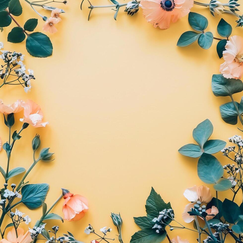 AI generated flowers botanical frame on yellow pastel background photo