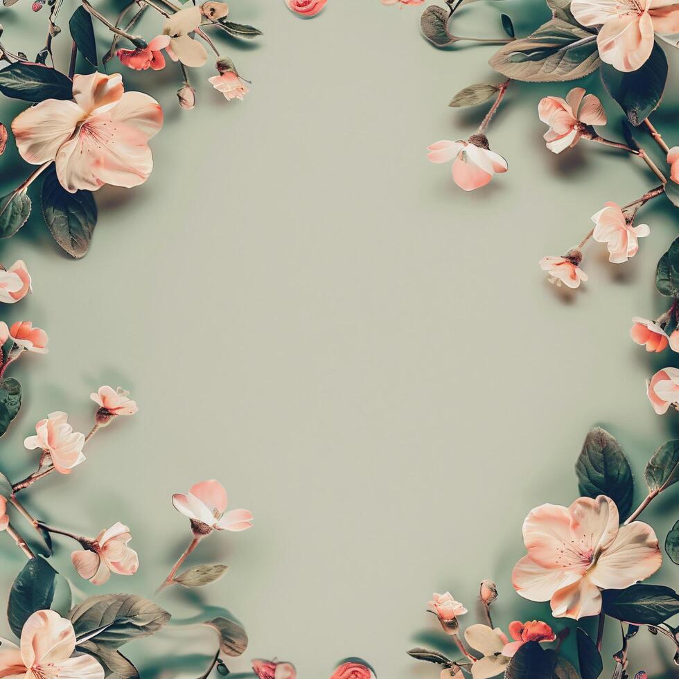 AI generated flowers botanical frame on olive pastel background photo