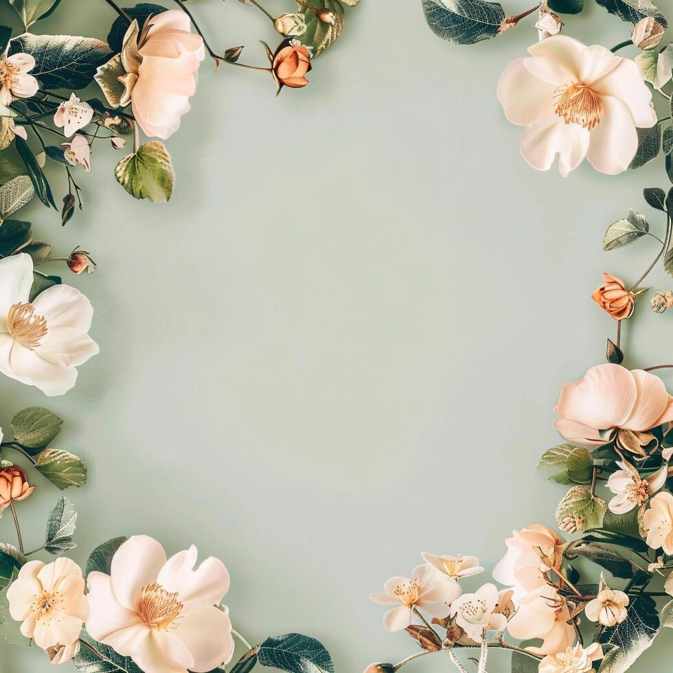 AI generated flowers botanical frame on olive pastel background photo