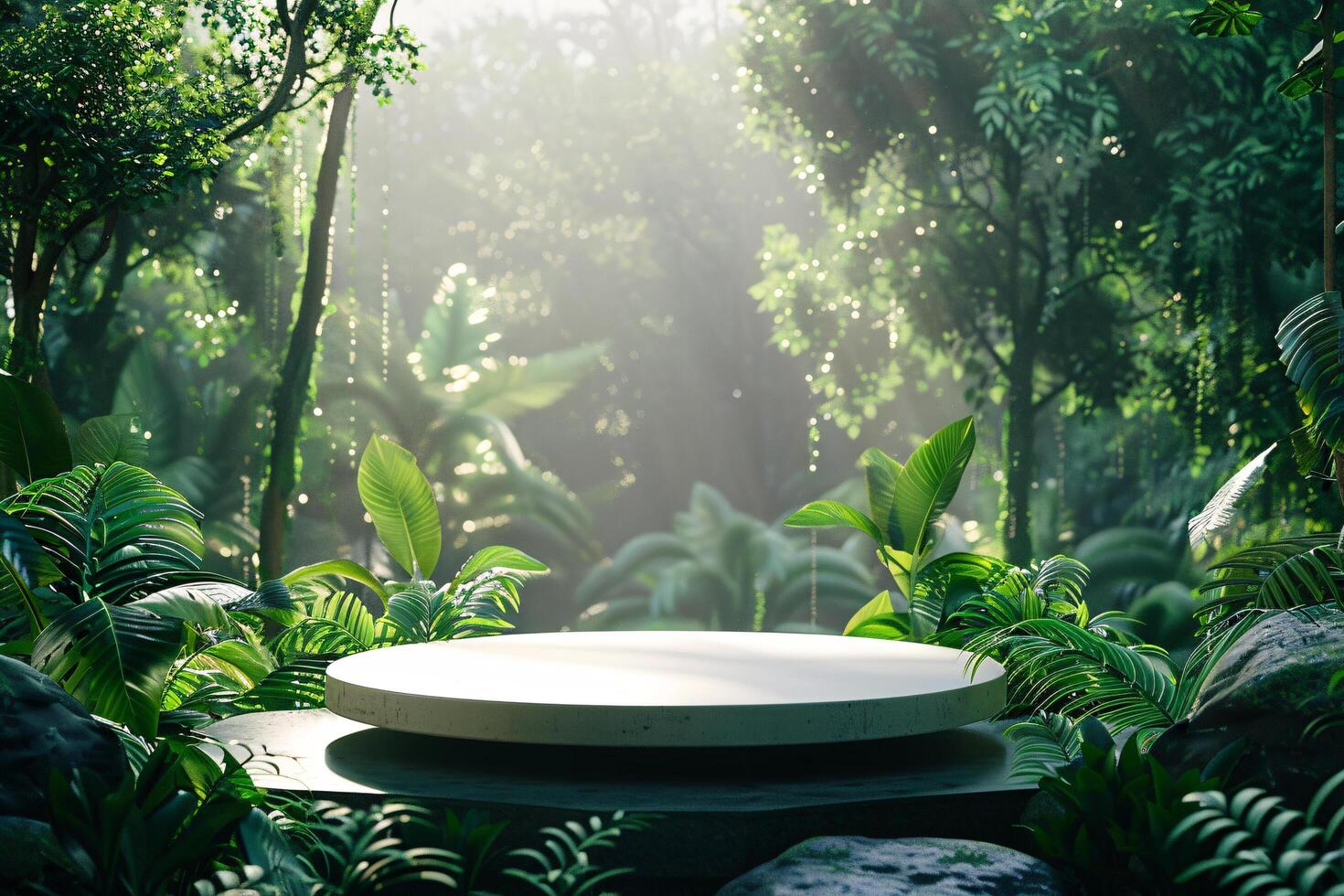 AI generated circular product podium presentation with jungle tropical plants background photo